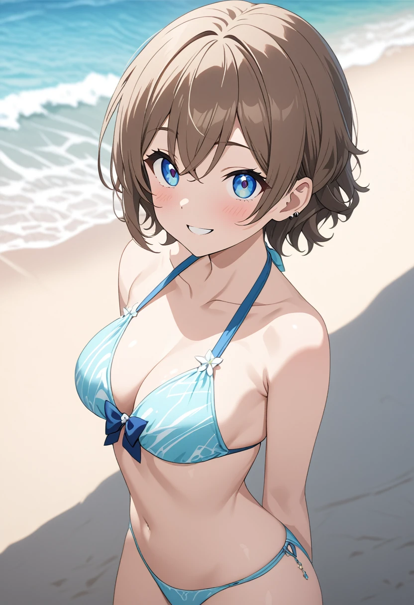 masterpiece, best quality, beautiful, exquisite, insanely detailed, hyper detailed, ultra detailed, beach, , delightful, smiling, looking at viewer, short hair, brown hair, blue eyes, big eyes, bikini, piercing, Japanese idol, on the beach, in the afternoon, cute, beautiful, vibrant academia, in the style of luminosity of water, cell anime, anime, 2d anime, soft-edged, soft surface, half body photo, front view, golden ratio, sunlight,