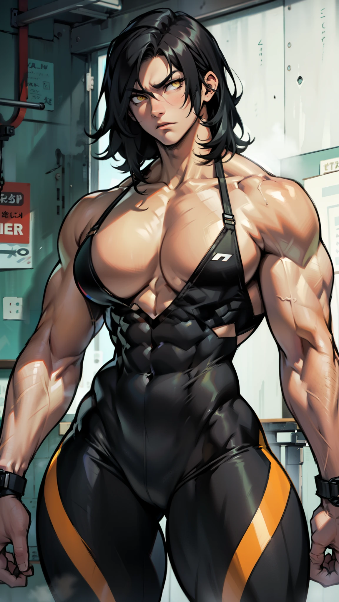 wide hips curvy thick thighs voluptuous large breasts muscular toned body bodybuilder black hair pale skin yellow eyes skintight expressionless sad sad