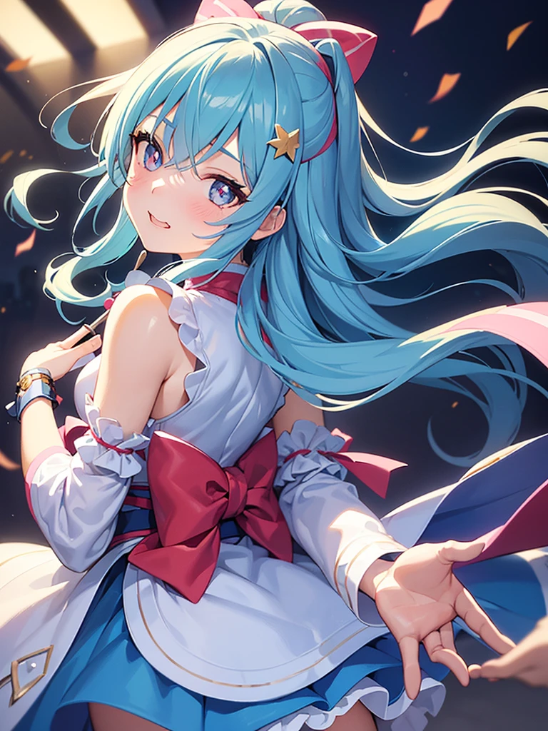 A young woman with light blue hair, star-shaped hair clip. Her hair is long and straight, with playful, expressive strands that add movement and dynamism to the piece, eating cake. Her eyes are wide and sparkling, with heart-shaped pupils that reflect the joy and excitement of her birthday. The blush on her cheeks is a soft pink, revealing her happiness and slight embarrassment at being the center of attention. She's holding a spoon with a pice cake , her excitement almost palpable, enjoy the cake. adhering to a high-quality Anime style, kimono, from behind, from below, from the side. The piece should be in Ultra High Definition, with a resolution of 8K, making it a true masterpiece. Pay attention to anatomical correct(2), ensuring that the character's pose and proportions are accurate and believable. The skin should be textured, with high details that give a sense of realism to the Anime style. The final artwork should be of the best quality and extremely high-resolution, making every detail stand out, multiple angle