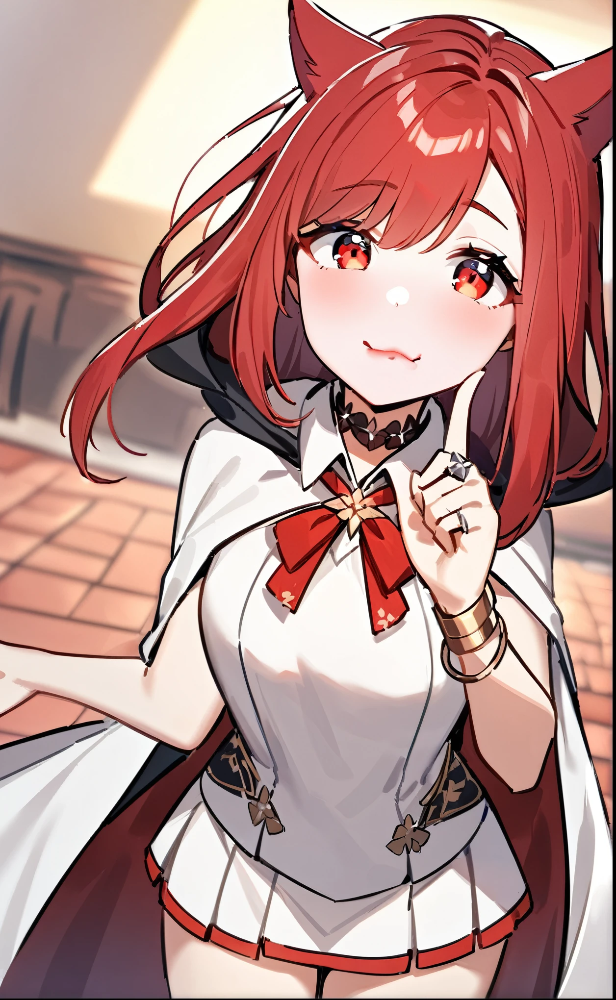 (Fantasy),((Cat girl)), ((One Girl)),Beautiful Face, (Laugh shyly),(Laugh with your mouth wide open),((Tilt your face:1.6)),((Bright red cheeks:1.6)),(Brighten face),(ring),(bracelet), (Floral Choker),High resolution, Highest quality, super high quality,(A girl with white-collared hair),(Medium Short),((Red eyes:1.4)),Young Girl,(from front),(cowboy shot),(put index finger on mouth),with cape,Black and white attire,mini skirt