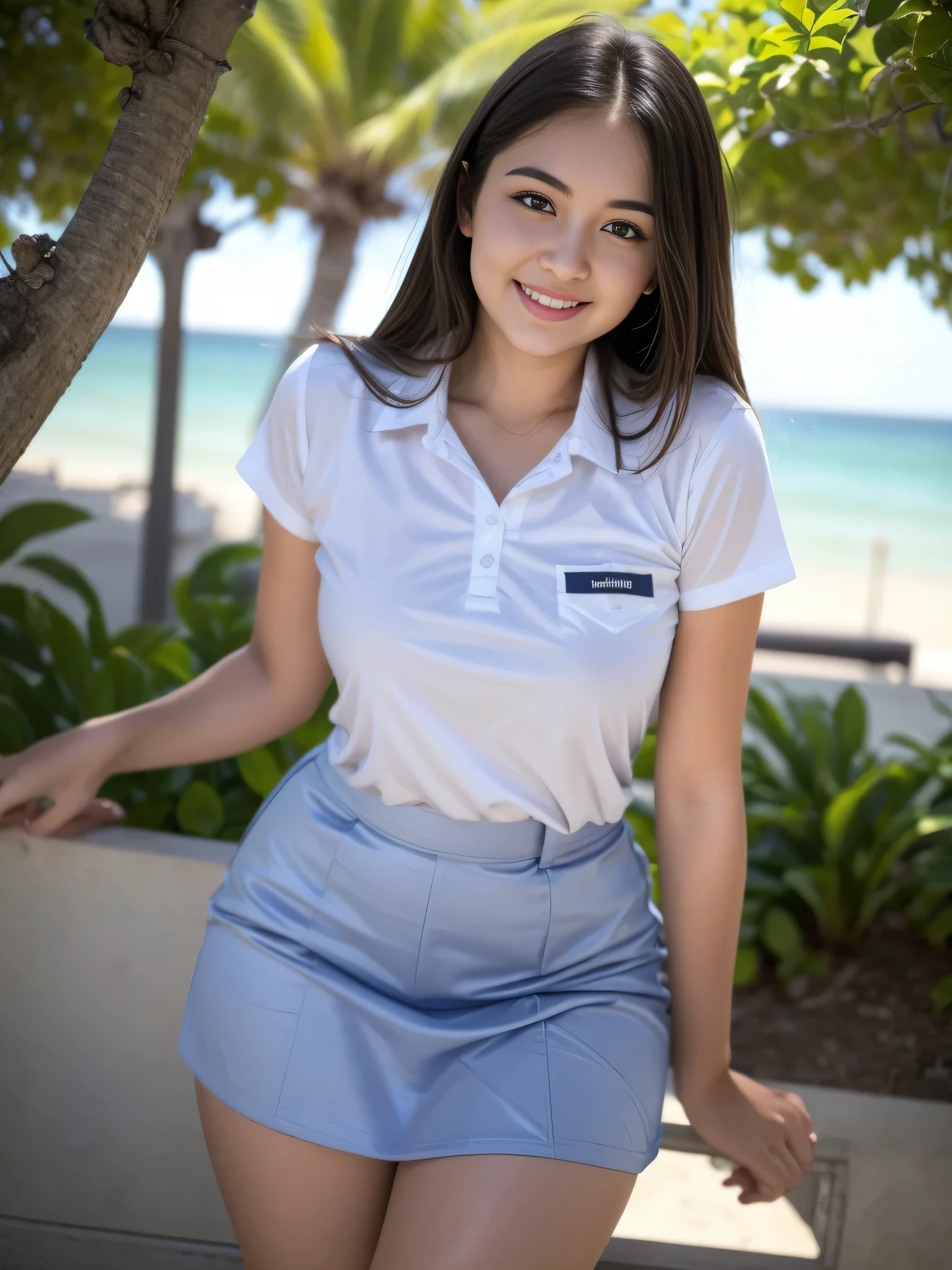 1girl, solo, (uniform), standing, at the beach, face at center frame, beautiful realistic ocean scenery, detailed face, seductive smile, detailed eyes, thick breasts, smooth skin, tight white shirt, grey blue short skirt, looking at the audience, low angle shot,(8k, RAW photo, best quality, masterpiece: 1.2), (realistic, realistic: 1.37), ultra-high resolution