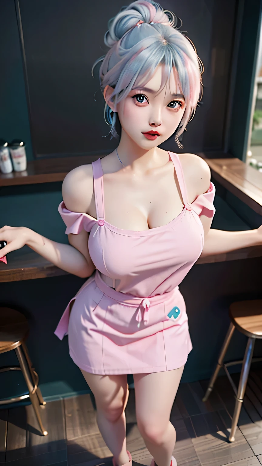 Cool beauty，Looks sweet，(updo, blue and pink hair), only wearing dark green starbucks apron, off-shoulders, show cleavage, (show big thigh, plump body), huge breast, full body photo, standing pose. nd. In coffee shop. Tatooed, naked.