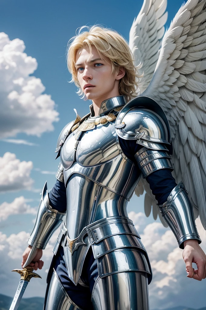 Make the image of Archangel Michael. It has light blue armor with gold in the style of the Roman Empire. He has blonde hair, white skin and blue eyes. It has large, white wings. He has a long sword pointed at the ground. The scenery is clear as if it were in the clouds