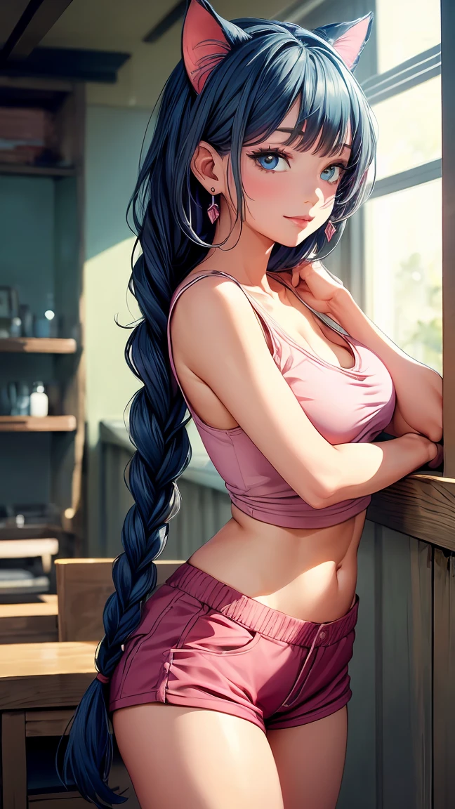 Masterpiece, beautiful art, professional artist, 8k, very detailed face, very detailed hair, very detailed clothes, 1 girl, solo, ((long straight blue hair)), (hazel eyes), ((cat ears)), beautiful face, long eyelashes, natural eyebrows, ((pink short tank top)), ((high-waisted white shorts)), standing, looking at viewer, earrings, ear piercing, large breasts, thick, cleavage, open clothes, pale skin, flirty smile, juicy lips, posing sexily, sultry eyes, (long bangs), (two braids)