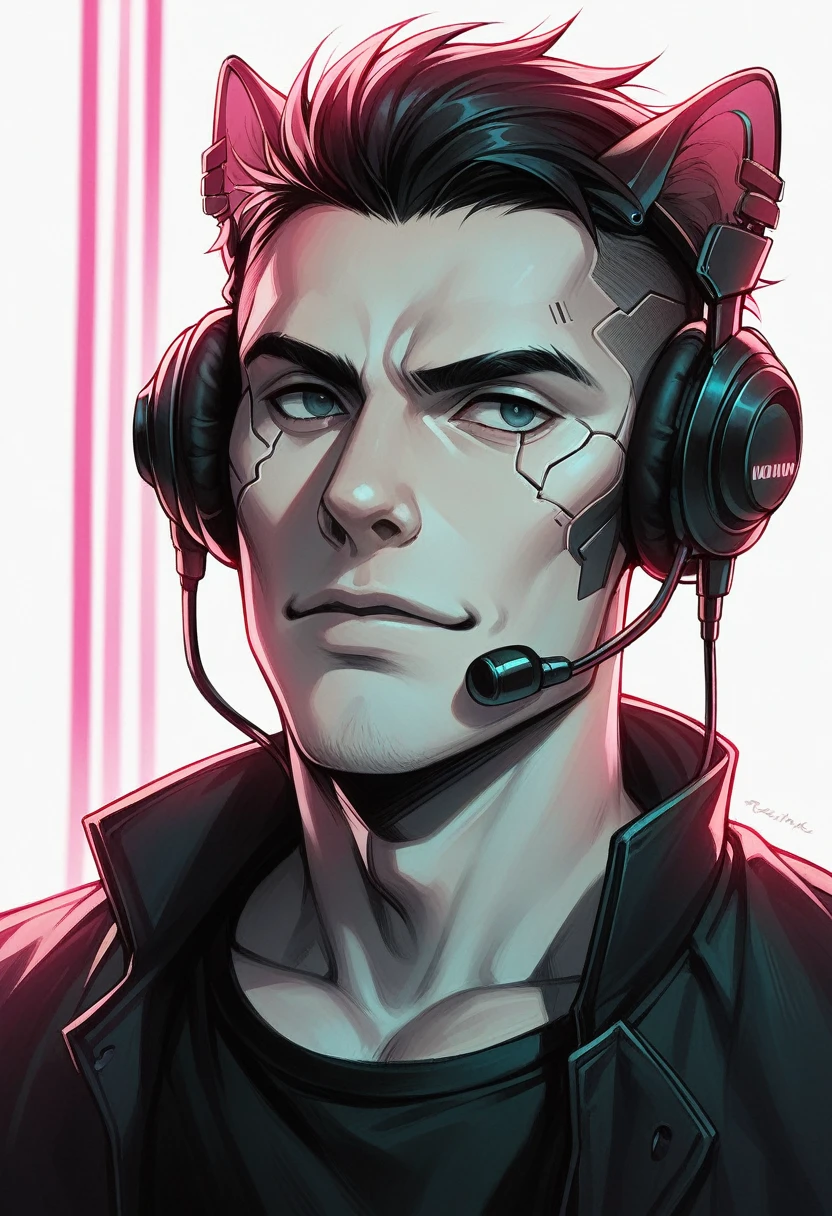 a man wearing ferocious wolf mask,close-up,gamer,headset,cyberpunk,digital art,intricate details,highly detailed,octane render,hyperrealistic,dramatic lighting,cinematic composition,vibrant colors,neon lights,industrial background