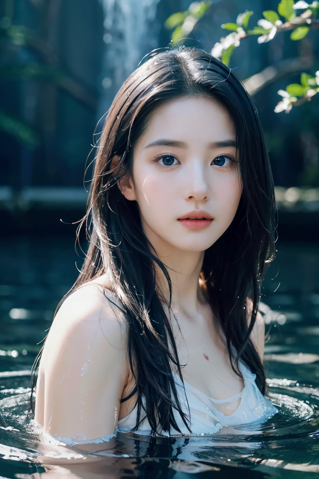 Seven part photos, masterpiece, best quality, Official Art, Extremely detailed CG 8k wallpaper,(Flying petals)(Detailed ice) , water晶质感皮肤, Cold expression, White hair, Long hair, Messy hair, blue eyes, Looking at the audience, Extremely refined, water, ((Beautiful and delicate eyes)), Very detailed, light,((Pretty Face),fine water surface, (Original figure painting), Very detailed, Very detailed, (Extremely refined), Beautiful and delicate eyes,