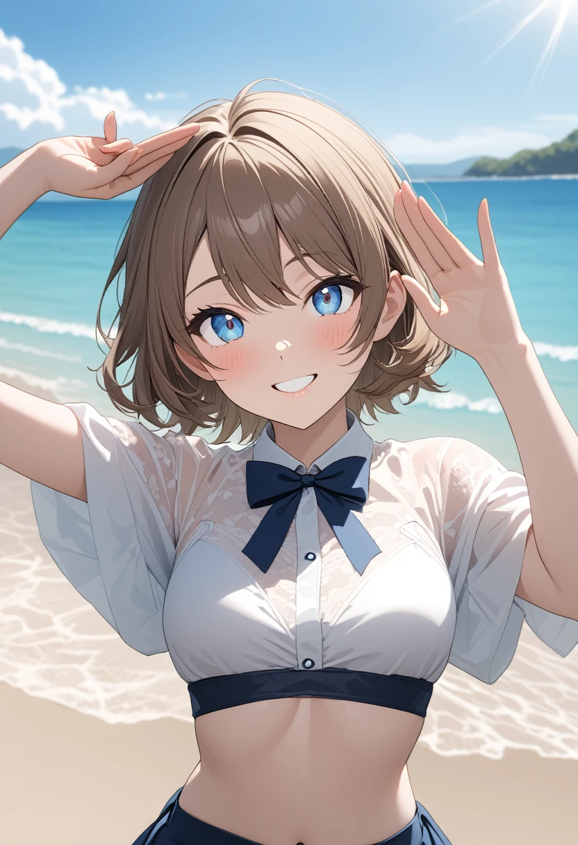 masterpiece, best quality, beautiful, exquisite, insanely detailed, hyper detailed, ultra detailed, beach, , delightful, smiling, looking at viewer, short hair, brown hair, Blue eyes, big eyes, 比基尼, piercing, Japanese idol, on the beach, in the afternoon, cute, beautiful, vibrant academia, in the style of luminosity of water, cell アニメ, アニメ, 2d アニメ, soft-edged, soft surface, half body photo, front view, golden ratio, sunlight, Right hand salute