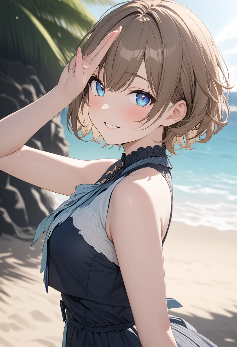 masterpiece, best quality, beautiful, exquisite, insanely detailed, hyper detailed, ultra detailed, beach, , delightful, smiling, looking at viewer, short hair, brown hair, Blue eyes, big eyes, 比基尼, piercing, Japanese idol, on the beach, in the afternoon, cute, beautiful, vibrant academia, in the style of luminosity of water, cell アニメ, アニメ, 2d アニメ, soft-edged, soft surface, half body photo, front view, golden ratio, sunlight, Right hand salute