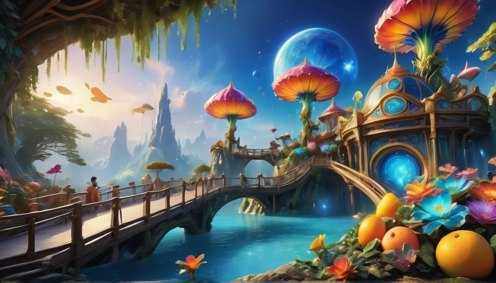 amusement park,Surreal and exotic landscapes,Beautiful everywhere、Vibrant、colorful。On the screen々Strange alien flowers of all shapes and sizes are projected.,A wide variety of tasty alien fruits。Best image quality,Resolution is 4K or 8K,Capture every detail perfectly。The pictures are very detailed,Presented in a realistic way,Delivering a truly immersive experience。This work combines illustration techniques with 3D rendering..,Visually stunning、A work of excellent craftsmanship。Bright colors,Enhance the surreal atmosphere of the landscape。The lighting design is very detailed,Expressing complex changes in light and shadow,Add layers and depth to your scenes。This work arouses curiosity and awe in the viewer.。.。,Take your audience into a magical, surreal world,Where natural beauty takes on a whole new meaning。