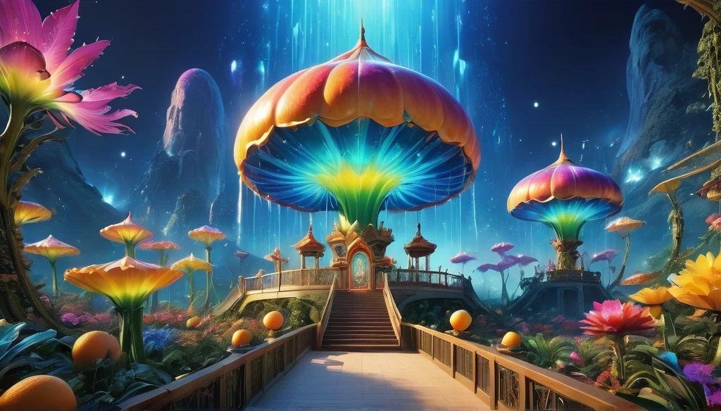 amusement park,Surreal and exotic landscapes，Beautiful everywhere、Vibrant、colorful。On the screen々Strange alien flowers of all shapes and sizes are projected.，A wide variety of tasty alien fruits。Best image quality，Resolution is 4K or 8K，Capture every detail perfectly。The pictures are very detailed，Presented in a realistic way，Delivering a truly immersive experience。This work combines illustration techniques with 3D rendering..，Visually stunning、A work of excellent craftsmanship。Bright colors，Enhance the surreal atmosphere of the landscape。The lighting design is very detailed，Expressing complex changes in light and shadow，Add layers and depth to your scenes。This work arouses curiosity and awe in the viewer.。.。，Take your audience into a magical, surreal world，Where natural beauty takes on a whole new meaning。
