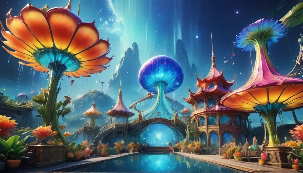 amusement park,Surreal and exotic landscapes,Beautiful everywhere、Vibrant、colorful。On the screen々Strange alien flowers of all shapes and sizes are projected.,A wide variety of tasty alien fruits。Best image quality,Resolution is 4K or 8K,Capture every detail perfectly。The pictures are very detailed,Presented in a realistic way,Delivering a truly immersive experience。This work combines illustration techniques with 3D rendering..,Visually stunning、A work of excellent craftsmanship。Bright colors,Enhance the surreal atmosphere of the landscape。The lighting design is very detailed,Expressing complex changes in light and shadow,Add layers and depth to your scenes。This work arouses curiosity and awe in the viewer.。.。,Take your audience into a magical, surreal world,Where natural beauty takes on a whole new meaning。