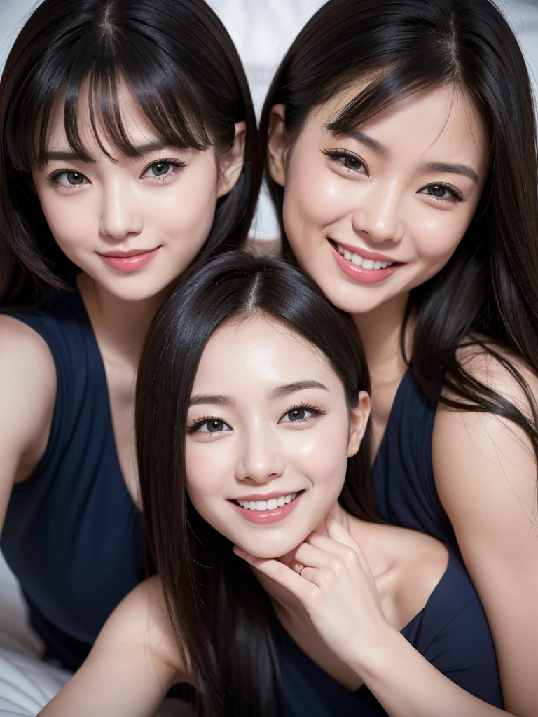 two sexy women in navy outfits, looking at camera cute smiles, happy opened mouths, close up faces portrait, both waiting for their 4 years old boyfriend to join them in bed