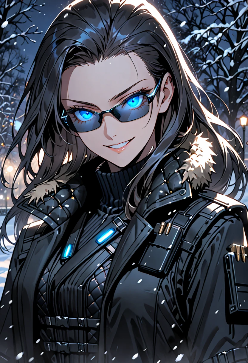 solo, female, tall, glowing blue eyes, slicked back hair, long hair, black trench coat, bullet-proof vest, smirk, black gloves, snow, park, night, subtle circuitry pattern on sideburns, sunglasses, close up, fur collar, ammo vest
