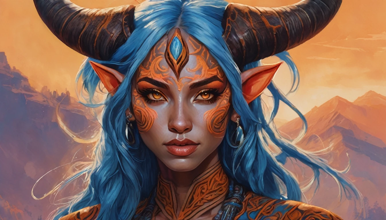 (((Masterpiece))), (((Best Quality: 1.4))), ((Super Detail: 1.4)) , hyper detailed gouache painting of a female Tiefling, gorgeous exotic features, amber neon eyes:1.5, orange hair, hyper detailed face features, expressivo face, detailed textures, blue skintone, tattoos, natural skin shader, volumetrics, warm undertones under her skin, ultra High resolution