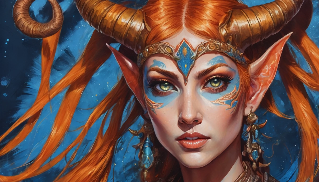 (((Masterpiece))), (((Best Quality: 1.4))), ((Super Detail: 1.4)) , hyper detailed gouache painting of a female Tiefling, gorgeous exotic features, amber neon eyes:1.5,  orange hair, hyper detailed face features, expressivo face, detailed textures, blue skintone, tattoos, natural skin shader, volumetrics, warm undertones under her skin, ultra High resolution