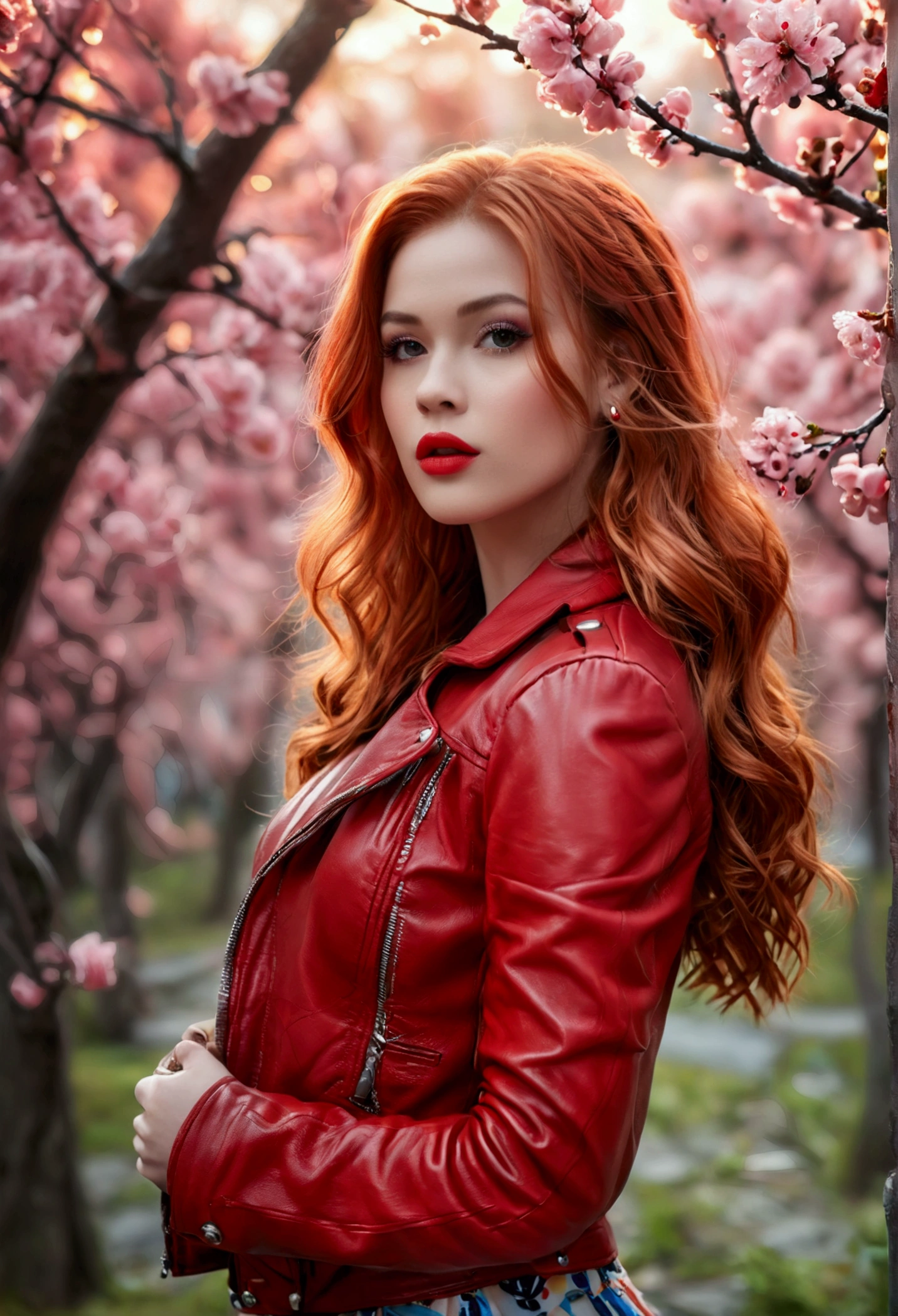 ultra realistic, photography, long red hair, girl, 24 years old, hourglass figure, perfect body, small breasts, Flirty look, Chery blossom (Riverdale) costume, red Leather jacket, big red lips, (full body shot:1.1) photorealistic image of a (standing pose:1.1) woman, full body, wide angle, wide angle shot, she wears red high heels