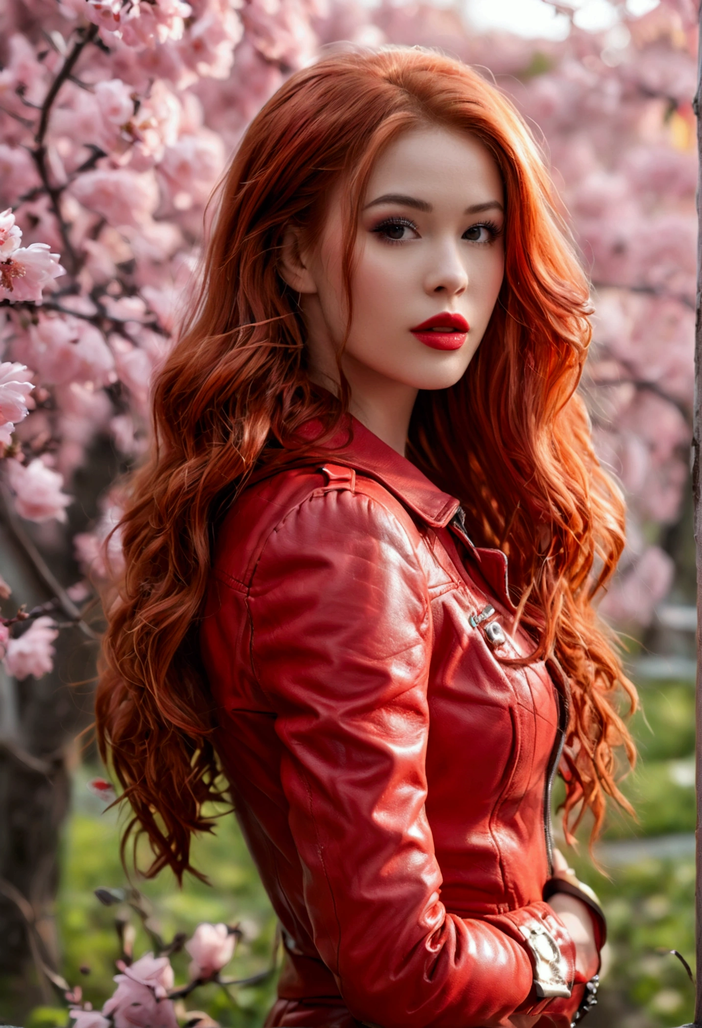 ultra realistic, photography, long red hair, girl, 24 years old, hourglass figure, perfect body, small breasts, Flirty look, Chery blossom (Riverdale) costume, red Leather jacket, big red lips, (full body shot:1.1) photorealistic image of a (standing pose:1.1) woman, full body, wide angle, wide angle shot, she wears red high heels