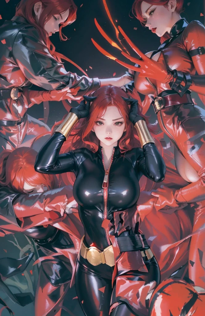 The image displays a red-haired woman in a sleek skin-tight shiny black latex bodysuit with a deep-cut zipper neckline revealing a large chest, the silver zipper running down the front
adorned with gold wrist guards and belt, standing with her hands on her head against a red background. She is surrounded by numerous red hands or claws extending toward her from all directions, creating an intense, dramatic atmosphere and indicating some form of impending threat. Her posture suggests determination and readiness, painting her as a figure of power or heroism amid the danger.