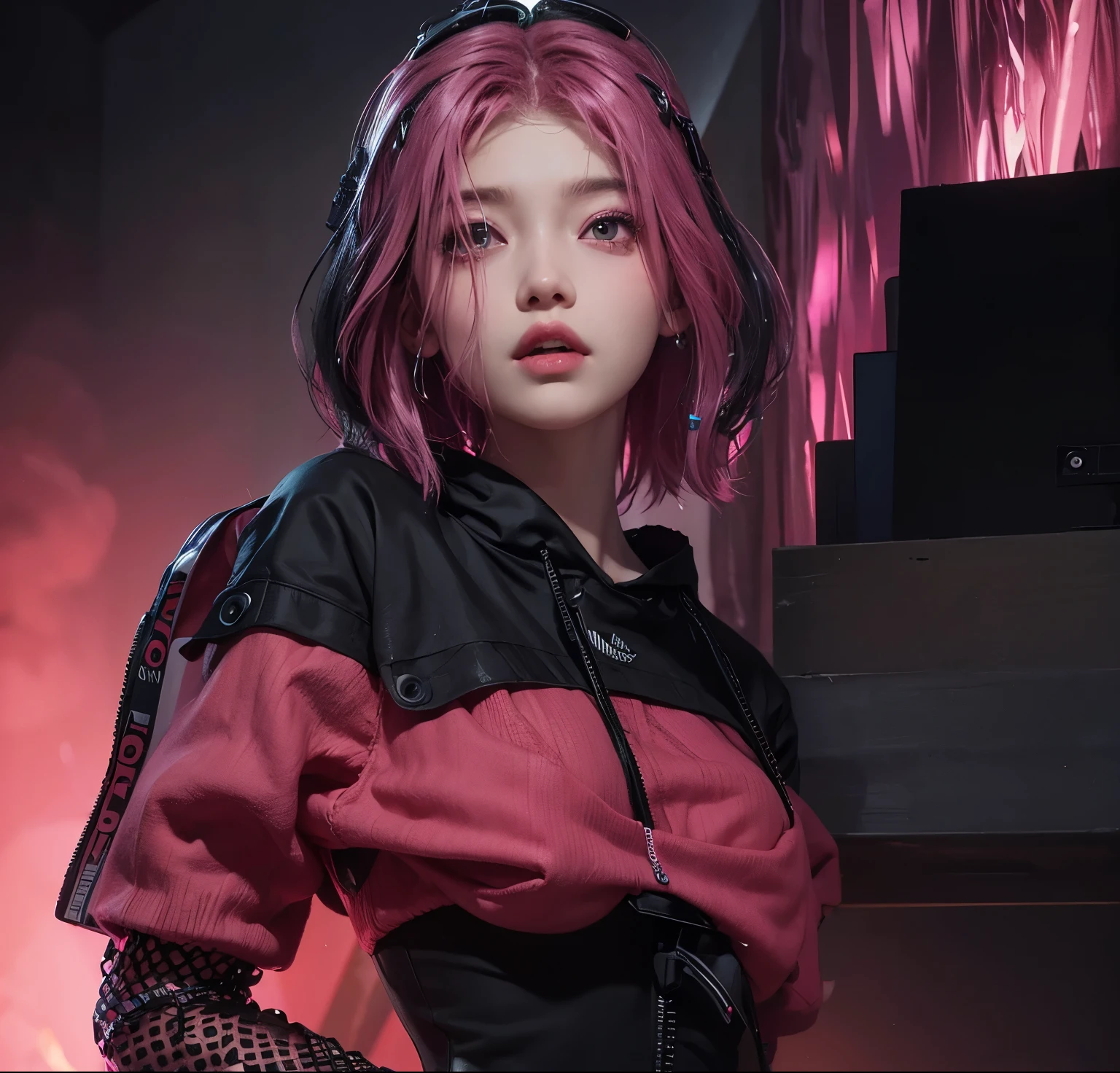 AVATAR SECOND LIFE Korean girl wearing black top,, pink hair, pink  hair, pink  hair, pink  hair,  Asian, Perfect and detailed face, imvu, maximalist details, AVATAR SECOND LIFE Korean blusa , neon