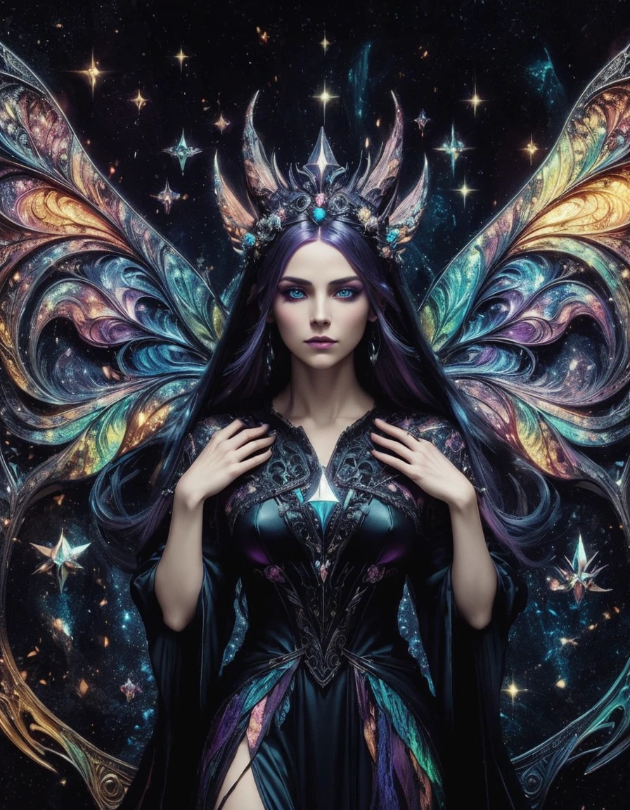 a dark elf witch queen, piercing blue eyes, purple and pink hair, braided hair, long hair, detailed portrait, intricate details, high fantasy, cinematic composition, dramatic lighting, rich colors, warm color palette, glowing magic aura, mystical atmosphere, powerful presence, regal and commanding