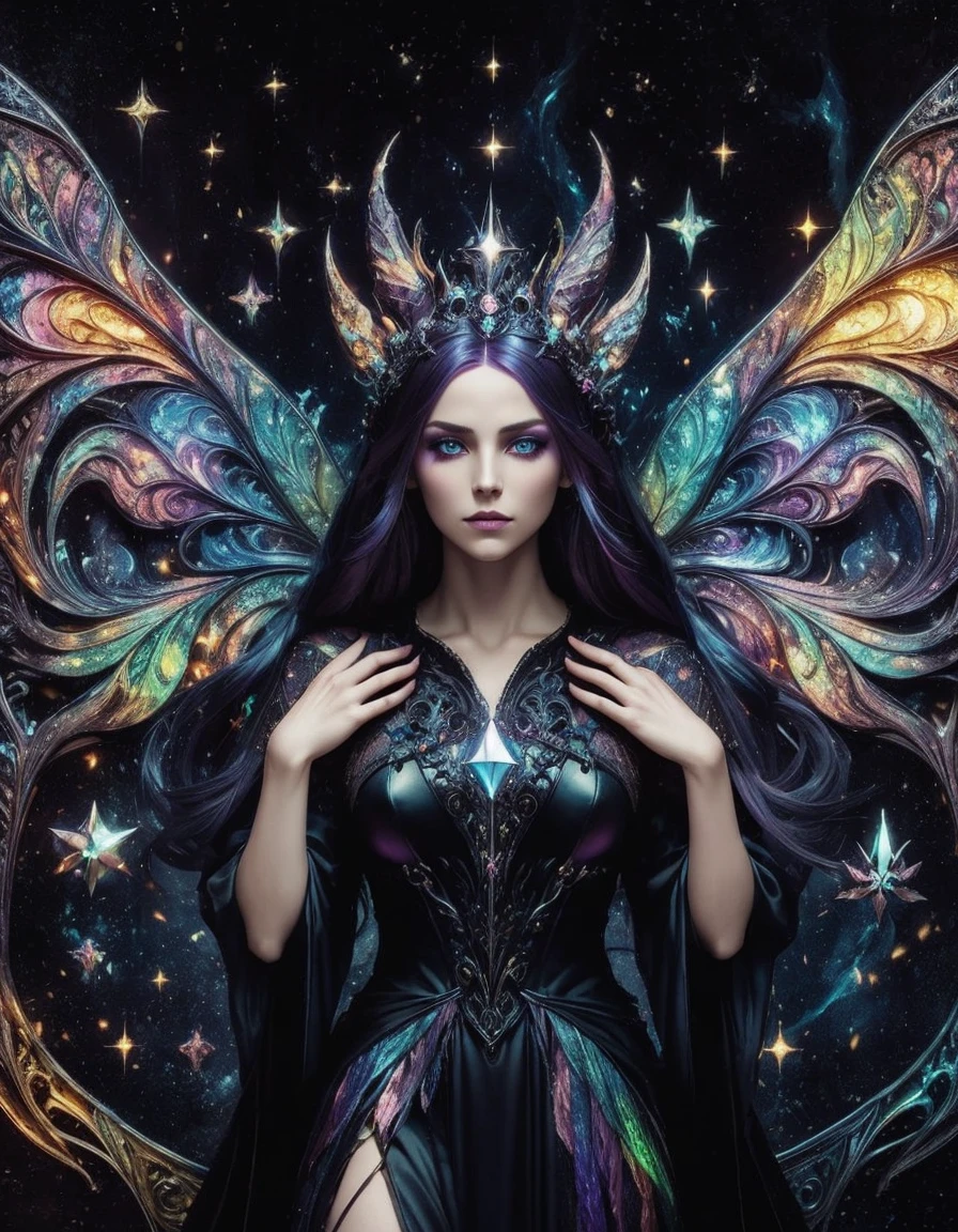 a dark elf witch queen, piercing blue eyes, purple and pink hair, braided hair, long hair, detailed portrait, intricate details, high fantasy, cinematic composition, dramatic lighting, rich colors, warm color palette, glowing magic aura, mystical atmosphere, powerful presence, regal and commanding