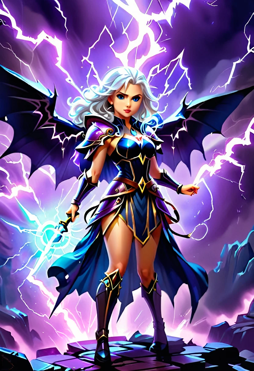 arafed high details, best quality, 16k, [ultra detailed], masterpiece, best quality, (extremely detailed), dynamic angle, ultra wide shot, photorealistim, RAW, fantasy art, dnd art, fantasy art, realistic art, a wide angle picture of a female aasimar sorceress casting a lightning spell, full body  (intense details, Masterpiece, best quality), D&D aasimar, exremley beautiful female aasimar, silver hair, long hair, wavy hair, dynamic eyes color, angelic eyes, radiant magical eyes, ultra detailed face (intense details, Masterpiece, best quality), spread angelic wings, white angelic wings (intense details, Masterpiece, best quality),  wearing [black] robe, wearing blue cloak, long cloak, flowing cloak with lightning motifs (intense details, Masterpiece, best quality), armed with magical staff (intense details, Masterpiece, best quality), manipulating lightning magical energy (intense details, Masterpiece, best quality), controlling lightning, dark fantasy magical tower background, evil temple background (intense details, Masterpiece, best quality), rpg portrait, LightningMagicAI