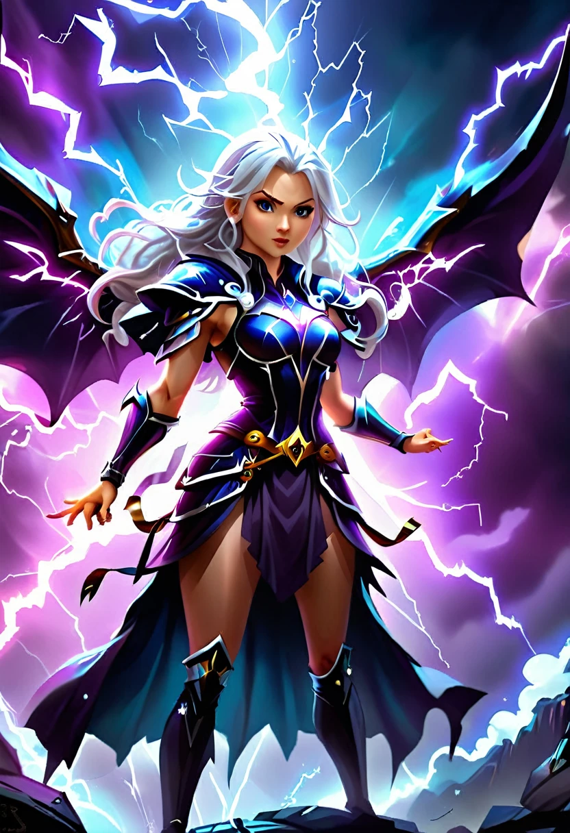 arafed high details, best quality, 16k, [ultra detailed], masterpiece, best quality, (extremely detailed), dynamic angle, ultra wide shot, photorealistim, RAW, fantasy art, dnd art, fantasy art, realistic art, a wide angle picture of a female aasimar sorceress casting a lightning spell, full body  (intense details, Masterpiece, best quality), D&D aasimar, exremley beautiful female aasimar, silver hair, long hair, wavy hair, dynamic eyes color, angelic eyes, radiant magical eyes, ultra detailed face (intense details, Masterpiece, best quality), spread angelic wings, white angelic wings (intense details, Masterpiece, best quality),  wearing [black] robe, wearing blue cloak, long cloak, flowing cloak with lightning motifs (intense details, Masterpiece, best quality), armed with magical staff (intense details, Masterpiece, best quality), manipulating lightning magical energy (intense details, Masterpiece, best quality), controlling lightning, dark fantasy magical tower background, evil temple background (intense details, Masterpiece, best quality), rpg portrait, LightningMagicAI