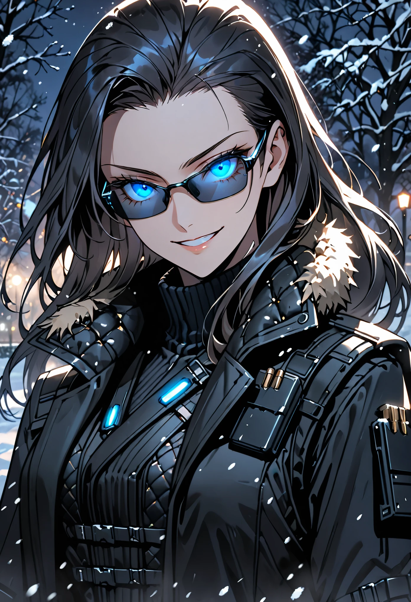 solo, female, tall, glowing blue eyes, slicked back hair, long hair, black trench coat, bullet-proof vest, smirk, black gloves, snow, park, night, subtle circuitry pattern on sideburns, sunglasses, close up, fur collar, ammo vest