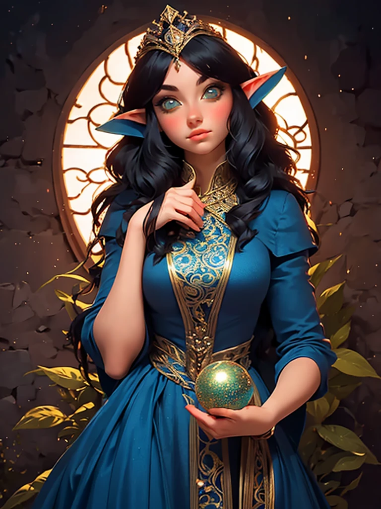 a woman in a blue dress holding a glass ball, medieval princess, beautiful costume, very beautiful elven top model, pre - raphaelites style, medieval dress. witch, fantasy style clothing, intricate costume design, as a medieval fantasy character, beautiful elven princess, inspired by Arthur Hughes, renaissance colorful dress, costume with blue accents, beautiful detail and color