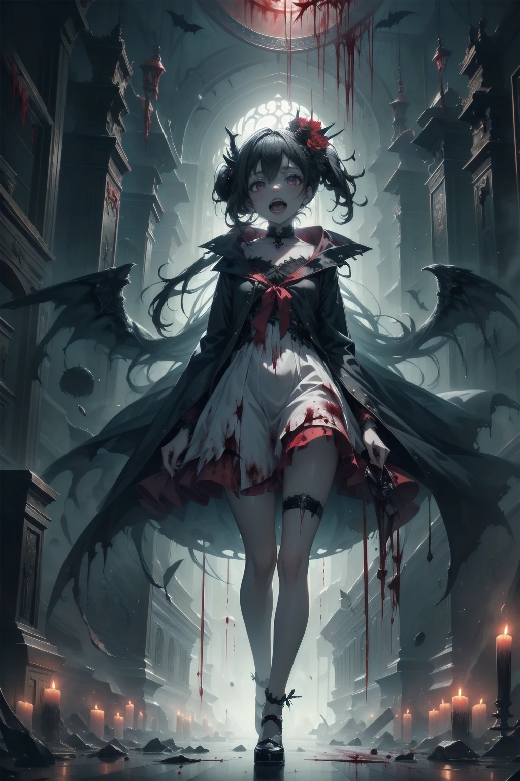 (((Highest quality)))(((high resolution)))外見は黒いfog,Put on your armor,Modern Battle Suit(((detailed)))The shape is humanoid,Modern weapons(((detailed)))Eyes glow red,The shape is made of glowing purple hearts..(((detailed)))Bone格は人間のようだ、Muscle fibers are visible.,fogのようなもので獲物を探す(((detailed)))Barren Land,dead tree,fog,Chaotic world(((detailed)))Battle Scenes,overwhelmingly strong,Highest quality。(Highest quality,4K,High resolution,masterpiece:1.2),非常にdetailed,Realistic:1.37,masterpiece, Highest quality, Exquisitely crafted, woman, beautiful, elegant, smile, Blood, iridescent Long Hair, bangs, skirt, shirt, Long sleeve, Frills, shoes, (Red and Black:1.4), flower, spooky, Horror, 頭蓋Bones, Long Hair, Black Hair, Candles, Blood, hair flower, Dead, hair ornaments, Bone, doll, 頭蓋Bone, skeleton, Horror (theme),spooky altar background,Dark fantasy,Red color scheme,Ominous atmosphere,Eye-catching,Storytelling,anatomy,Anime Style,Concept Art,beautiful細部までこだわった顔と (((Red eyes ))),A terrifying ritual ,Satanic Ritual,Premature death,Misconduct,クレイジーなsmile,Scythe Face,Girl Monster, beautiful, Delicate facial features, Sharp Eye, Sharp Fangs, Pale skin, blonde,robot,Cursed Painting, Dark Background, Cinema Lighting, Dramatic Shadows, Gothic style, Gloomy atmosphere, Dark fantasy, One Girl, , Please open your mouth wide, Open your mouth and baring your teeth,Sharp teeth like a beast, Wide lips, very wide mouth, Vermilion cheeks, ,(Bloodしぶき:1.4),Scary smile, smile,Fallen angel design, ねじれたsmile、Bloodまみれの、頭からの出Blood,、Bloodしぶき、,(Bloodしぶき:1.4),Crossbones, 頭蓋Bone,Horrorスタイル, ((Fantasy Fallen Angel Costume)), ((流れるようなBlack Hair)), ,(Bloodしぶき:1.4),womanの曲線, Sexy flat stomach, Perfect hands, Perfect anime face, ((White Lolita Dress)), Are standing, ((邪悪なsmile)), ,(Bloodしぶき:1.4), Steam circulates, Moonlight Illumination, night lighting, disaster々new devil horns,,(Bloodしぶき:1.6),アニメFallen angel design, ねじれたsmile、Bloodまみれの、頭からの出Blood,、Bloodしぶき、,(Bloodしぶき:1.4),Crossbones, 頭蓋Bone,Gothic architecture、Western architecture、Fantasy World、,Victorian cities, 骸Boneのガス灯,