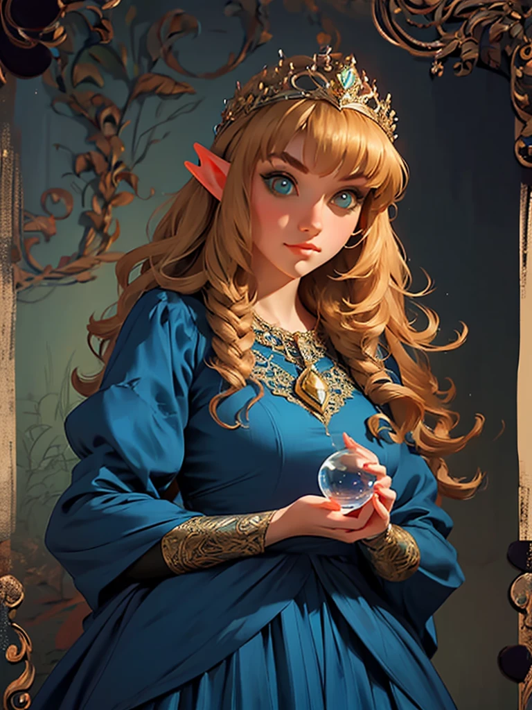 a woman in a blue dress holding a glass ball, a detailed painting inspired by Arthur Hughes, flickr, pre-raphaelitism, medieval princess, beautiful costume, very beautiful elven top model, pre - raphaelites style, medieval dress. witch, fantasy style clothing, intricate costume design, as a medieval fantasy character, beautiful elven princess, renaissance colorful dress