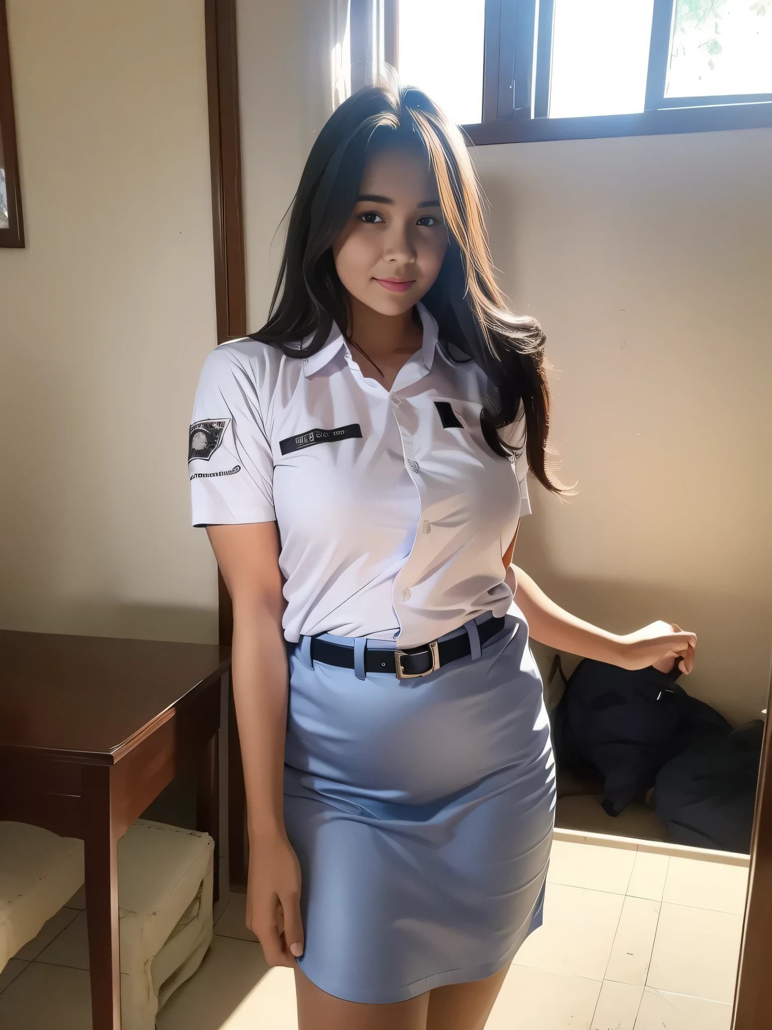 1girl, solo, (Indonesian_high_school_uniform), model pose, Classroom, bright light, detailed face, detailed eyes, amazed face expression, wide view, large breasts, semi-curvy, smooth realistic skin, hands behind back, looking at viewers, wearing white shirt, wearing grey blue very short miniskirt, (8k, RAW photo, best quality, masterpiece: 1.2), (realistic, realistic: 1.5), ultra-high resolution