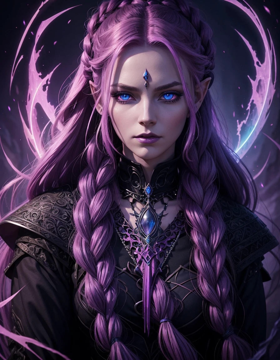 a dark elf witch queen, piercing blue eyes, purple and pink hair, braided hair, long hair, detailed portrait, intricate details, high fantasy, cinematic composition, dramatic lighting, rich colors, warm color palette, glowing magic aura, mystical atmosphere, powerful presence, regal and commanding