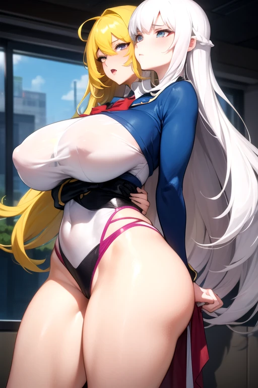 Lesbian (very long loose yellow hair)(big breasts, big thighs)(with  clothes it is very tight) that he is kissing at school with his girlfriend,(big breasts, big thighs)lesbian love