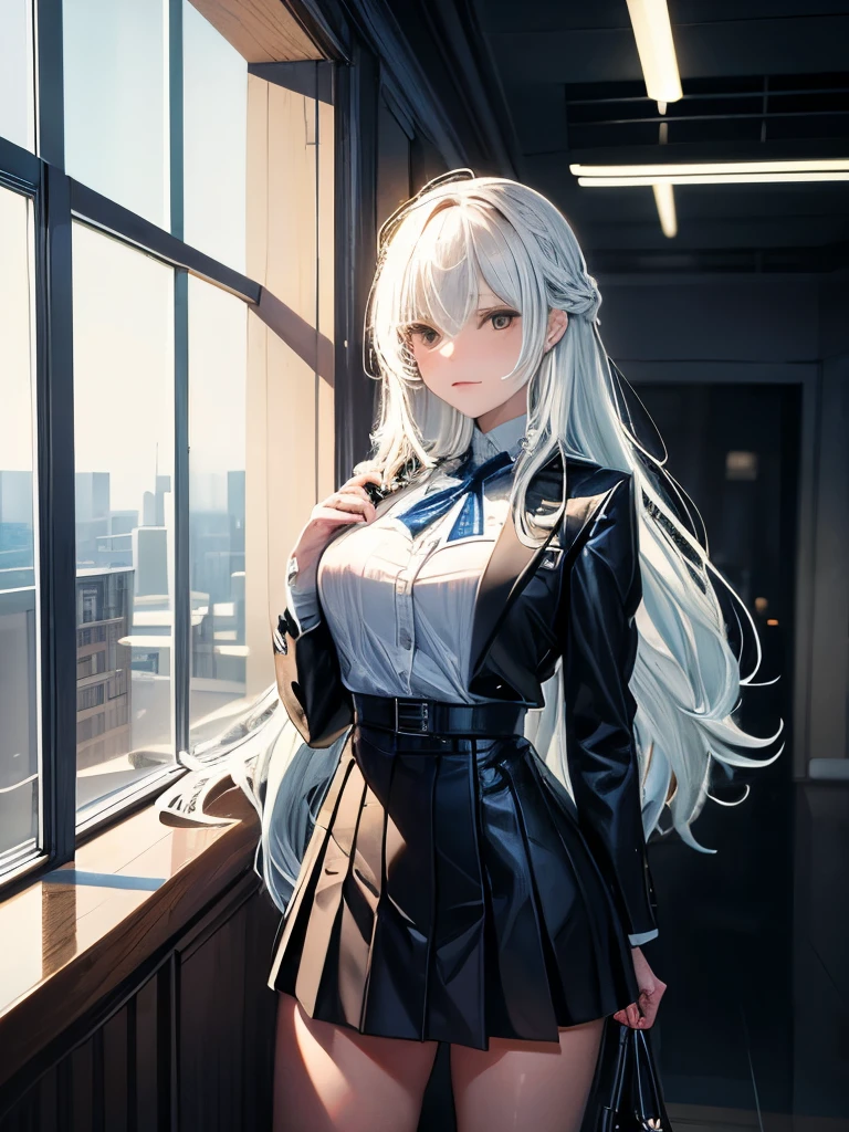 A young woman aged 25: 1.3, Long Hair: 1.2, Professional Skirt: 1.2, Daytime: 1.2, Four Corners: 1.2, Cinema Lighting, Surrealism, Ultra high definition, Ultra-high resolution, Accurate, Super Detail, Textured skin, Attention to detail, Highest quality, 8k
