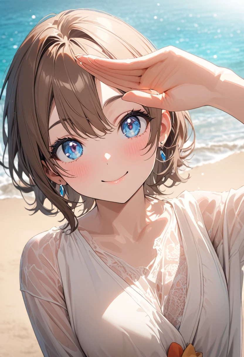 masterpiece, best quality, beautiful, exquisite, insanely detailed, hyper detailed, ultra detailed, beach, , delightful, smiling, looking at viewer, short hair, brown hair, Blue eyes, big eyes, 比基尼, piercing, Japanese idol, on the beach, in the afternoon, cute, beautiful, vibrant academia, in the style of luminosity of water, cell アニメ, アニメ, 2d アニメ, soft-edged, soft surface, half body photo, front view, golden ratio, sunlight, Right hand salute
