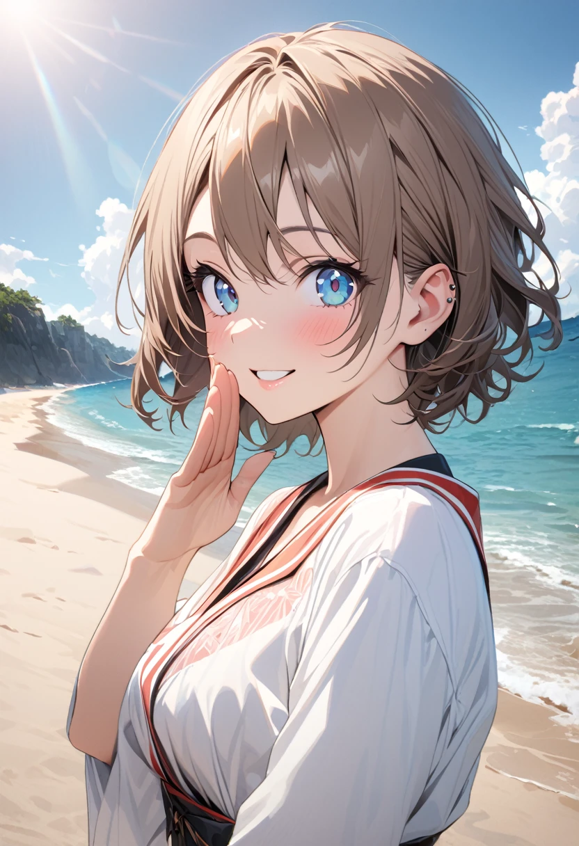 1 girl, 18yo, (flat chest: 1.5), blue eyes, light brown hair, bob cut, summer outfit, smiling, holding popsicle in hand, (licking a popsicle:1.2), having fun, upper body, beach, blue sky, 8k, RAW photo, best quality, masterpiece, extremely detailed 8k wallpaper, ultra-detailed, best shadow, detailed background, beautiful detailed face, beautiful detailed eyes, nice hands, perfect hands
