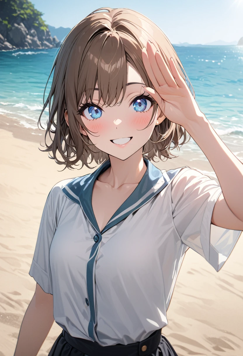 masterpiece, best quality, beautiful, exquisite, insanely detailed, hyper detailed, ultra detailed, beach, , delightful, smiling, looking at viewer, short hair, brown hair, Blue eyes, big eyes, 比基尼, piercing, Japanese idol, on the beach, in the afternoon, cute, beautiful, vibrant academia, in the style of luminosity of water, cell アニメ, アニメ, 2d アニメ, soft-edged, soft surface, half body photo, front view, golden ratio, sunlight, Right hand salute