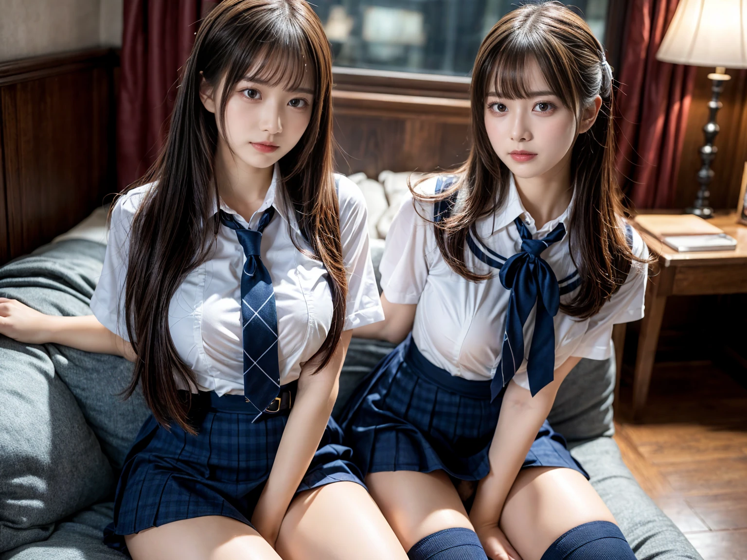 (8K, Raw photography, top-quality, masterpiece:1.2), master piece, best quality, illustration, Super detailed, fine details, High resolution, 8K,wall paper, perfect dynamic composition,(Details High quality, realistic depiction of eyes:1.3), ((2 girls, 2 girls)), The background is a luxury hotel room、High school girl uniform、Super Short Check Uniform Skirt、Navy blue high socks、garterbelts、Colossal tits、Disturbed uniform, Play with each other,Touching each other's bodies,Touching the body of the girl next door, short bob hair, black hair color, huge breasts, Big Natural Color Lip, bold sexy pose, (perfect body shape), crying a little、cold gaze, Beautiful makeup,glitter makeup,Cutest 18 years old, beautiful legs, hposing Gravure Idol, Voluptuous thighs