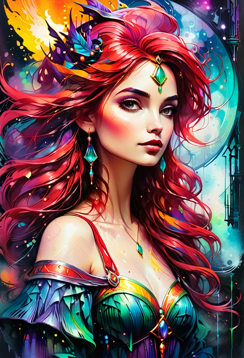 a medium quality painting of [Ava Red], the Wizard of Magical Colors, mechanical priestess, Honky Tonk Girl, vibrant colors, surreal, fantasy art, mystical, detailed, glowing elements, whimsical, vintage style, art nouveau, textured brush strokes, side view, character design, 4k