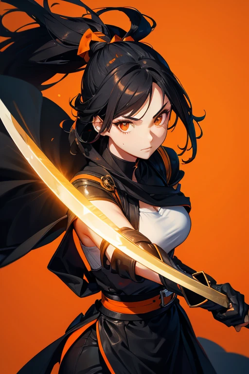 A swordswoman with black hair with orange highlights