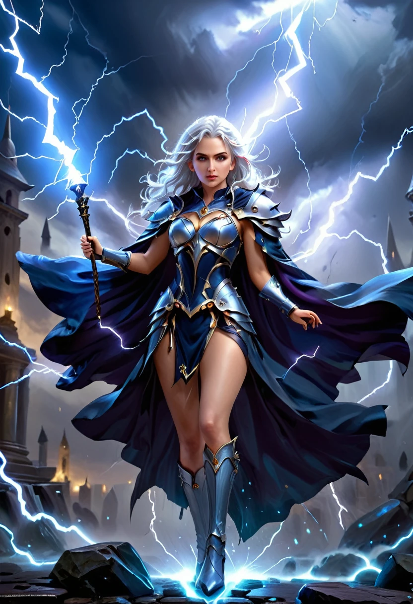 arafed high details, best quality, 16k, [ultra detailed], masterpiece, best quality, (extremely detailed), dynamic angle, ultra wide shot, photorealistim, RAW, fantasy art, dnd art, fantasy art, realistic art, a wide angle picture of a female aasimar sorceress casting a lightning spell, full body  (intense details, Masterpiece, best quality), D&D aasimar, exremley beautiful female aasimar, silver hair, long hair, wavy hair, dynamic eyes color, angelic eyes, radiant magical eyes, ultra detailed face (intense details, Masterpiece, best quality), spread angelic wings, white angelic wings (intense details, Masterpiece, best quality),  wearing [black] robe, wearing blue cloak, long cloak, flowing cloak with lightning motifs (intense details, Masterpiece, best quality), armed with magical staff (intense details, Masterpiece, best quality), manipulating lightning magical energy (intense details, Masterpiece, best quality), controlling lightning, dark fantasy magical tower background, evil temple background (intense details, Masterpiece, best quality), rpg portrait, LightningMagicAI, feathered wings
