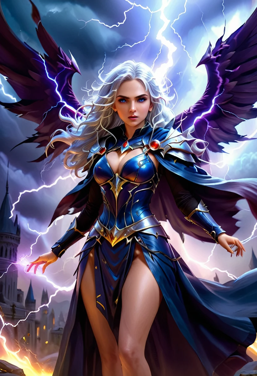 arafed high details, best quality, 16k, [ultra detailed], masterpiece, best quality, (extremely detailed), dynamic angle, ultra wide shot, photorealistim, RAW, fantasy art, dnd art, fantasy art, realistic art, a wide angle picture of a female aasimar sorceress casting a lightning spell, full body  (intense details, Masterpiece, best quality), D&D aasimar, exremley beautiful female aasimar, silver hair, long hair, wavy hair, dynamic eyes color, angelic eyes, radiant magical eyes, ultra detailed face (intense details, Masterpiece, best quality), spread angelic wings, white angelic wings (intense details, Masterpiece, best quality),  wearing [black] robe, wearing blue cloak, long cloak, flowing cloak with lightning motifs (intense details, Masterpiece, best quality), armed with magical staff (intense details, Masterpiece, best quality), manipulating lightning magical energy (intense details, Masterpiece, best quality), controlling lightning, dark fantasy magical tower background, evil temple background (intense details, Masterpiece, best quality), rpg portrait, LightningMagicAI, feathered wings
