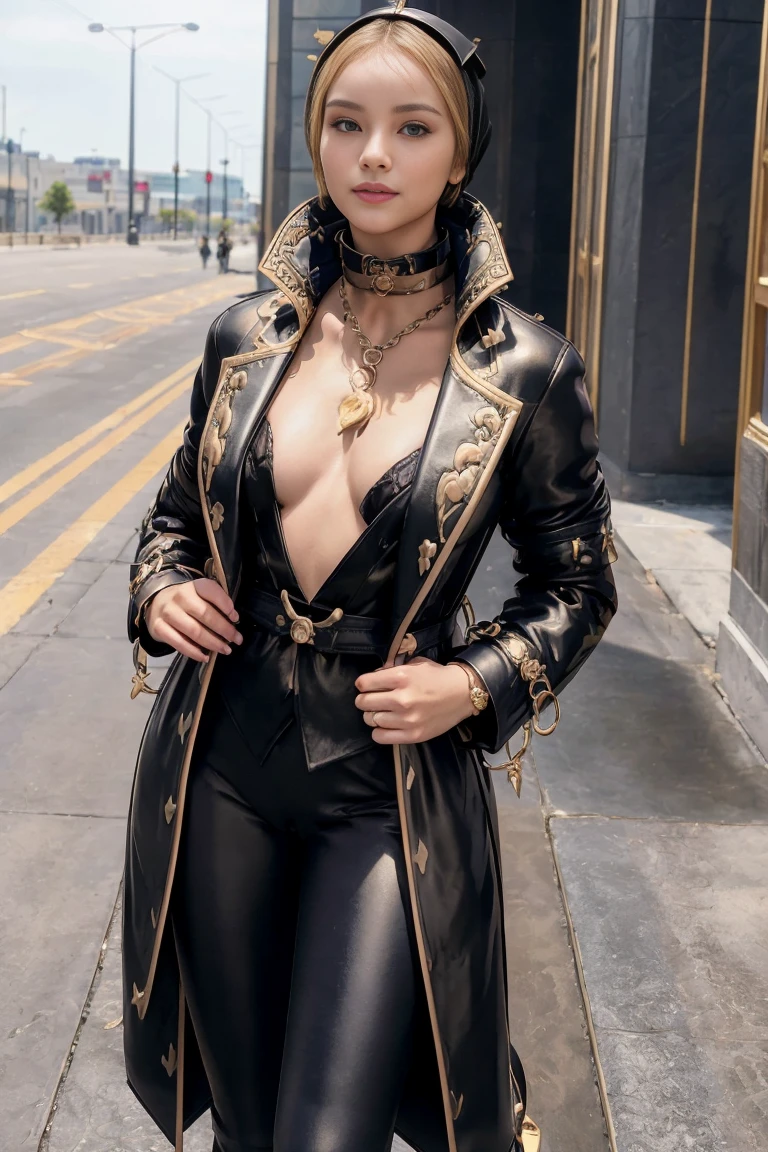 Hyper realistic, Beautiful, cute Face, russian lolita Girl,aring hijab), Elite, eldest sister, triad female leader, Known for her impeccable fashion sense and elegant demeanor, she is a true embodiment of the Versace brand. Her body language is as captivating as her style, always exuding confidence and high fashion. (((She's wearing an exquisite Versace trench coat in leather with dramatic (((high up coat collar))) and leggings gold-tone/white/black, a true testament to the brand's luxurious aesthetic.))) Paired with Versace Tribute boots, she carries her ensemble with an air of effortless sophistication. Her accessories include a Versace Tribute Bag, enhancing her overall lookwearing , open breast, Rounded small Breast,slightly Chubby , buttock:1.2, White Skin, Smiling, upper body, Perfect Potrait, Bokeh Effect, Look at Viewer, Perfect Eye, Perfect Hand, Perfect Finger, (small breast), ((adorable:1.2)), ((masterpiece:1.1)), ((bokeh:1.2)), at airport, seductive pose