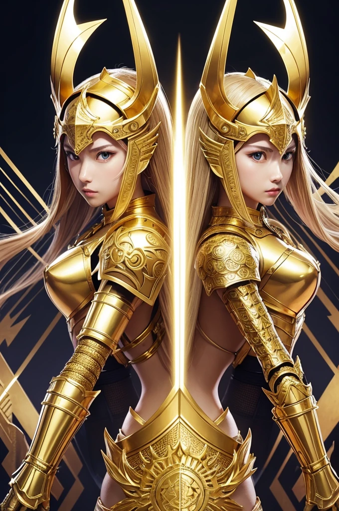 1 Gold Knights of the Zodiac style armor,  having clean, symmetrical lines, with details that evoke organization and structure, include geometric patterns or symbols that represent order and discipline.