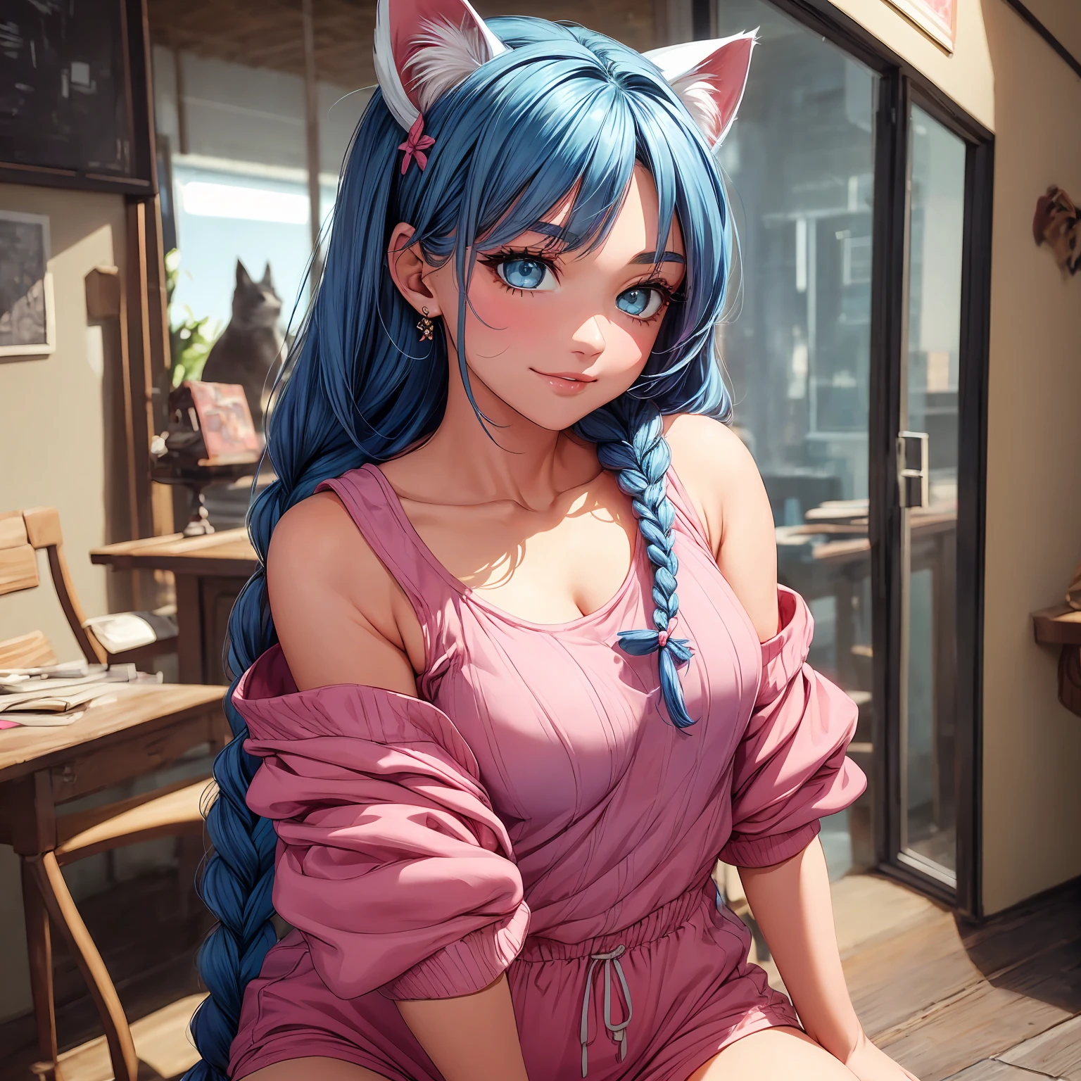 Masterpiece, beautiful art, professional artist, 8k, very detailed face, very detailed hair, very detailed clothes, 1 girl, solo, ((long straight blue hair)), (hazel eyes), ((cat ears)), beautiful face, long eyelashes, natural eyebrows, ((pink short tank top)), ((white high-waisted shorts)), standing, looking at viewer, earrings, ear piercing, large breasts, thick, cleavage, open clothes, pale skin, flirty smile, juicy lips, posing sexily, sultry eyes, ((long bangs)), ((two braids))