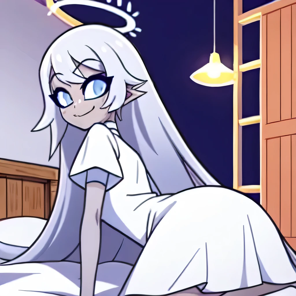 (bedroom:1.1, blue bed, boy slaps girl ass,  wooden shelves, wooden window to outside), looking at viewer, a girl, (laying on bed, legs), angel, angel wings, blue eyes, colored skin, Emily, grey skin:1.2, halo, light blue sclera, long hair, closed mouth, , smile, very long hair, white dress, white hair,  