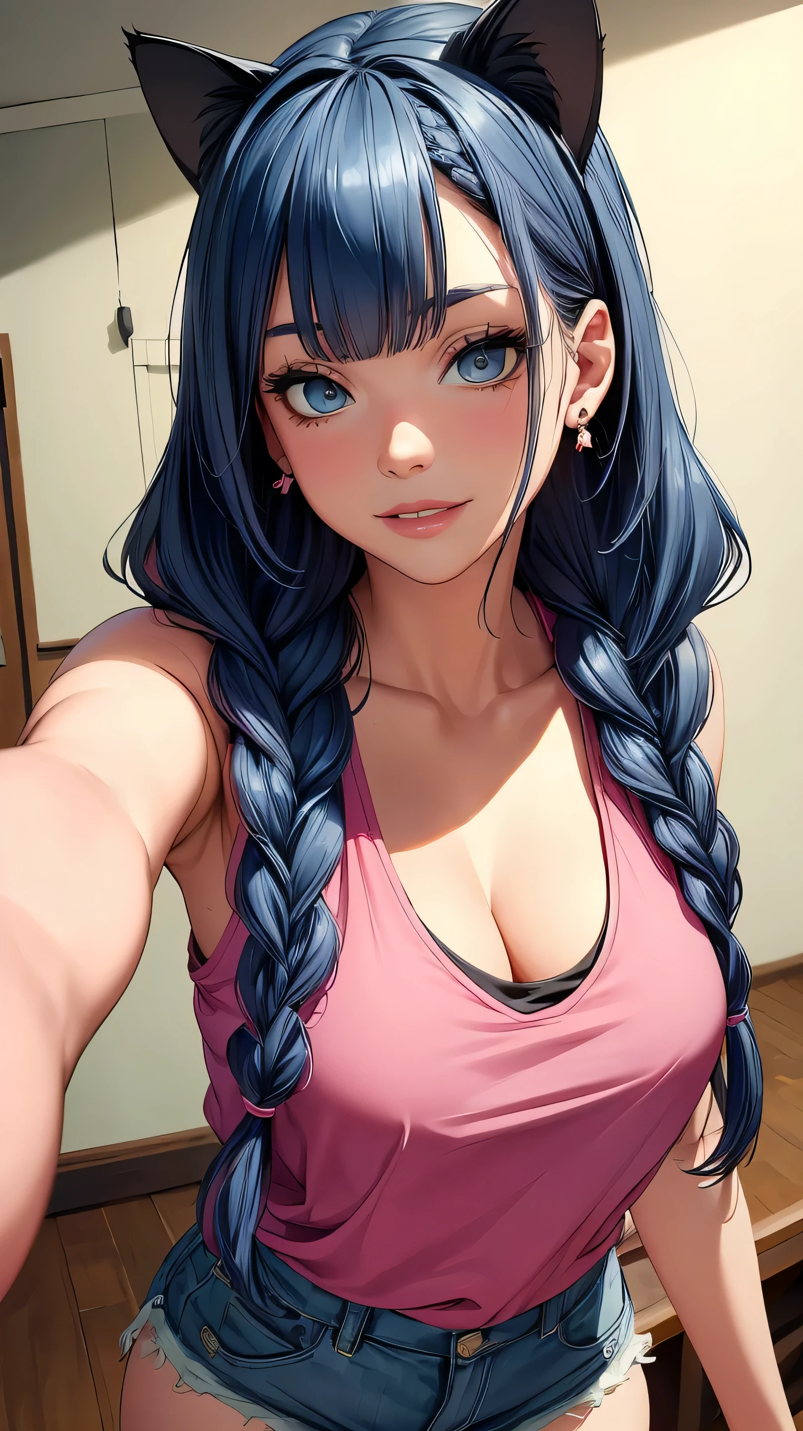 Masterpiece, beautiful art, professional artist, 8k, very detailed face, very detailed hair, very detailed clothes, 1 girl, solo, ((long straight blue hair)), (hazel eyes), ((cat ears)), beautiful face, long eyelashes, natural eyebrows, ((pink short tank top)), ((white high-waisted shorts)), standing, looking at viewer, earrings, ear piercing, large breasts, thick, cleavage, open clothes, pale skin, flirty smile, juicy lips, posing sexily, sultry eyes, ((long bangs)), ((two braids))