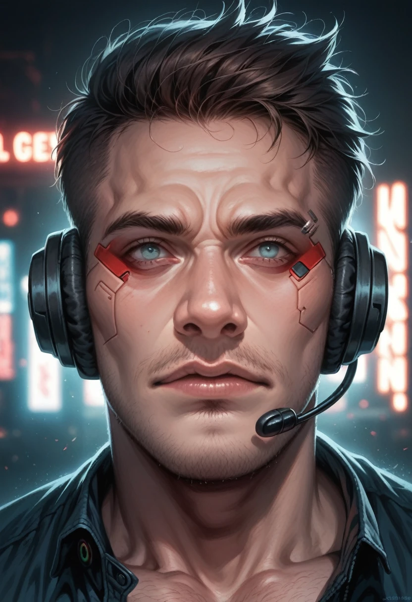 a man wearing a ferocious wolf mask,close-up,gamer,headset,cyberpunk,highly detailed face,intricate details,sharp focus,cinematic lighting,hyper realistic,8k,photorealistic,dramatic,intense expression,piercing eyes,rugged features,brooding atmosphere,moody lighting,industrial background,neon lights,gritty,dystopian,futuristic