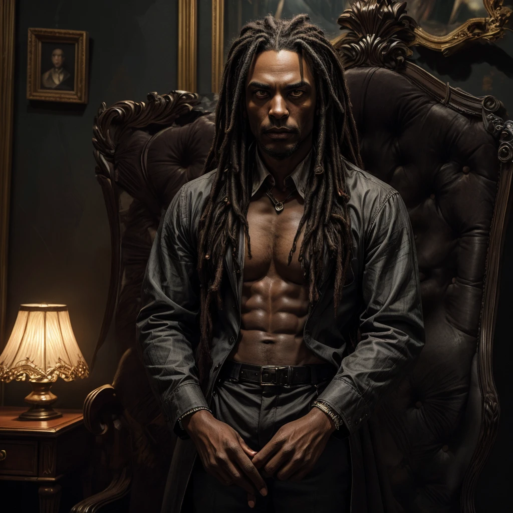 A vampiric black man with long dreadlocks, yellow eyes, wearing a stylish gray suit, standing behind a desk in an opulent dark office, vampire fangs